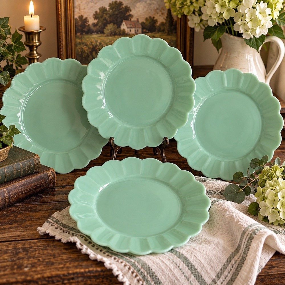 Pioneer Woman Jadeite Green Scalloped Dinner Plates 10” Set of 4